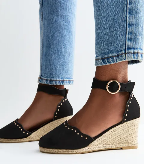 Wide Fit Black Faux Suede Studded Scallop Trim Espadrille Wedges Vegan