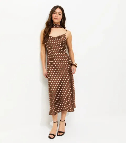 Petite Brown Polka Dot Scarf Trim Satin Midi Dress