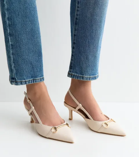 Off White Faux Leather Chain Slingback Court Shoes Vegan
