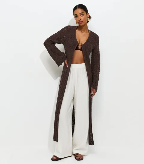 Dark Brown Pointelle Longline Cardigan