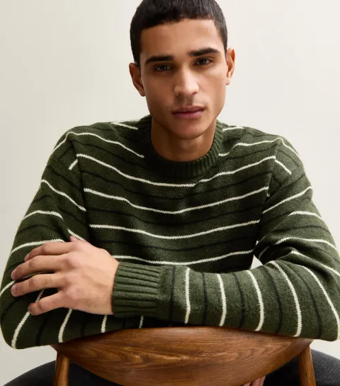 Green Regular Striped Crew Neck Jumper