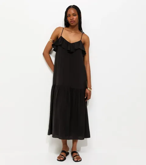 Black Ruffle Trim Cami Midi Dress