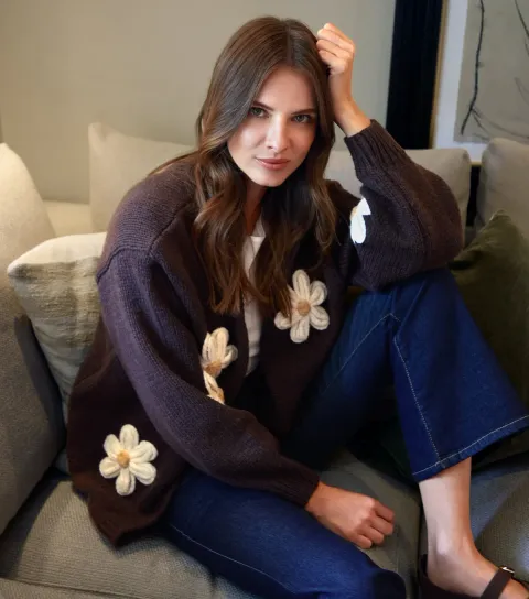 Brown Daisy Embroidered Cardigan