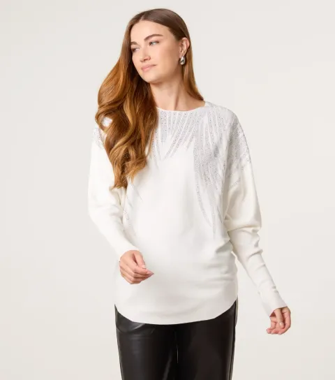 Off White Diamante Embellished Batwing Sleeve Jumper