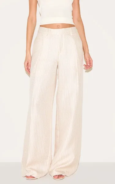 Cream Textured Woven Tailored Trousers