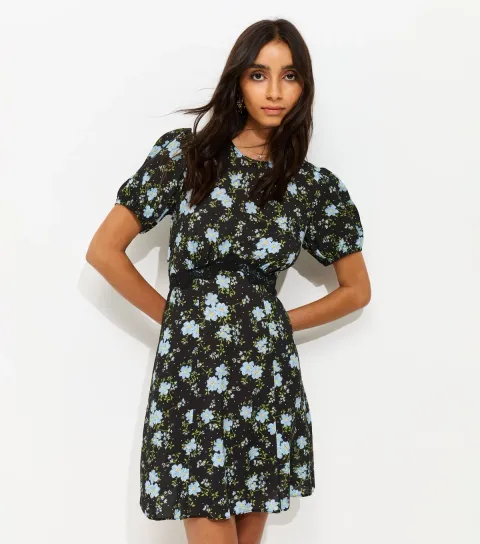 Black Floral Print Lace Trim Mini Dress