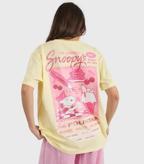 Yellow Cotton Peanuts Snoopy Cafe T-Shirt