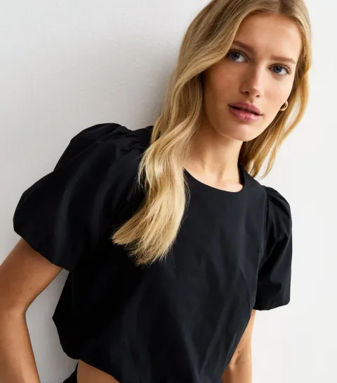 Black Poplin Bubble Hem Crop Top