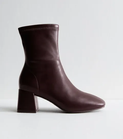 Dark Burgundy Faux Leather Block Heel Ankle Boots