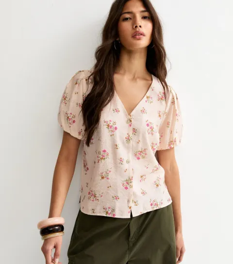 Pink Floral Print Button Front Short Sleeve Blouse