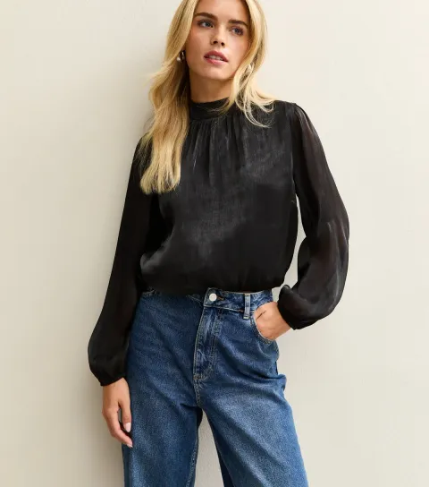 Petite Black Bubble Hem Long Sleeve Blouse