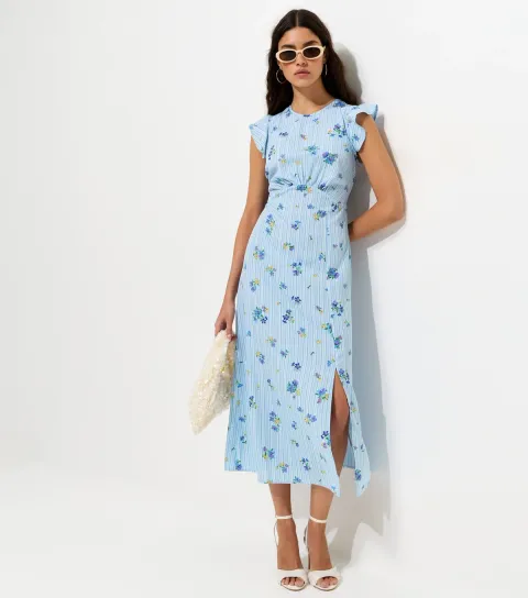 Blue Floral Print Crepe Midi Dress