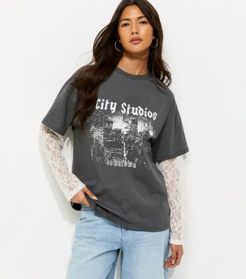 Dark Grey City Studios Print Lace Sleeve 2 In 1 T-Shirt