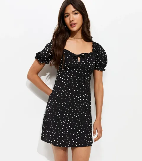 Black Spot Print Milkmaid Mini Dress