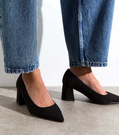 Wide Fit Black Faux Suede Block Heel Court Shoes Vegan