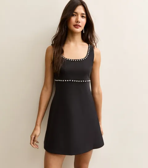 Black Diamante Trim Scoop Neck Mini Dress