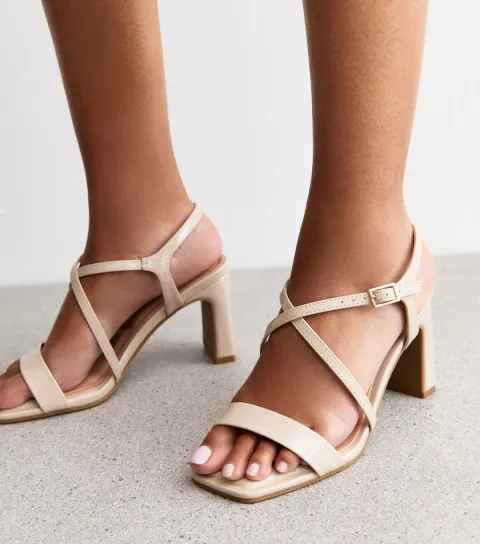 Wide Fit Off White Crossover Strap Block Heel Sandals Vegan