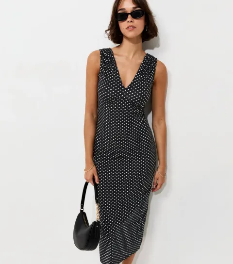 Black Polka Dot Ruched Shoulder V-Neck Midi Dress