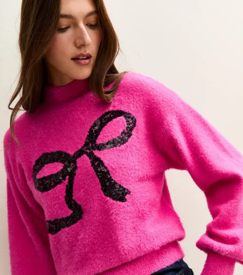 Mid Pink Sequin Bow High Neck Jumper