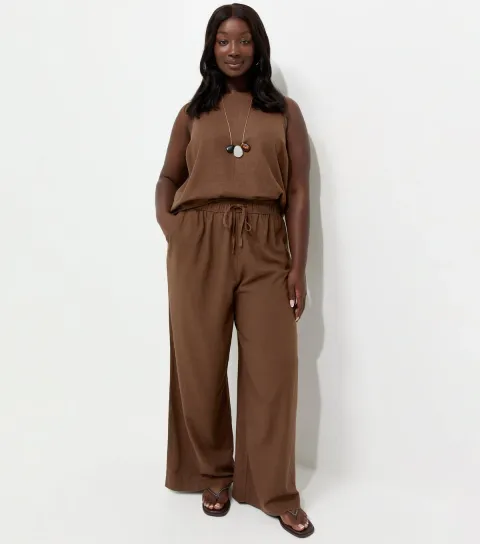 Plus Size Dark Brown Linen Blend Wide Leg Trousers Curves