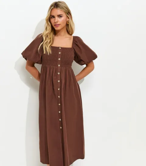 Petite Dark Brown Button Through Milkmaid Midi Dress
