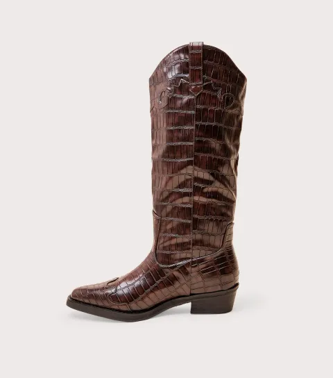 Dark Brown Apollo Faux Leather Crocodile Embossed Western Boots