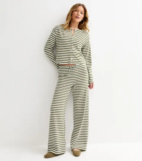 Green Relaxed Striped Wide Leg Trousers