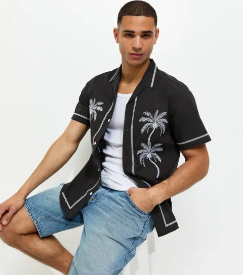 Black Regular Palm Embroidered Short Sleeve Shirt