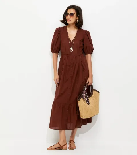 Dark Red Embroidered Smock Midi Dress