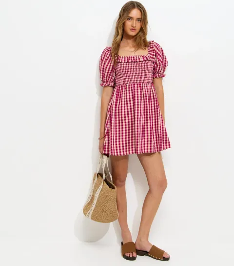 Red Gingham Short Sleeve Shirred Frill Mini Dress
