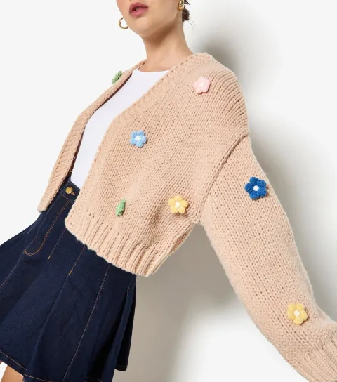 Stone Daisy Appliqued Open Cardigan