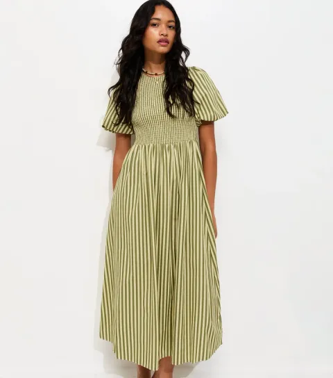 Green Cotton Striped Shirred Midi Dress