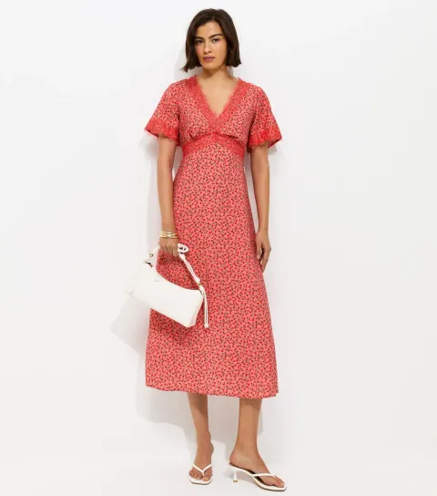 Red Floral Ditsy Lace Tea Midi Dress