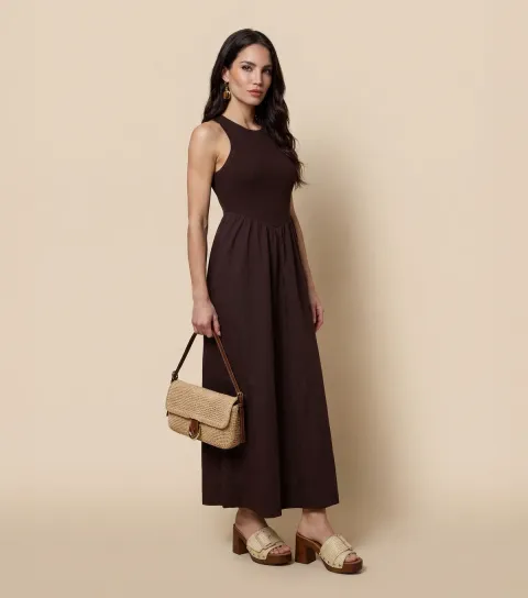 Brown Ribbed Poplin Midi Dress