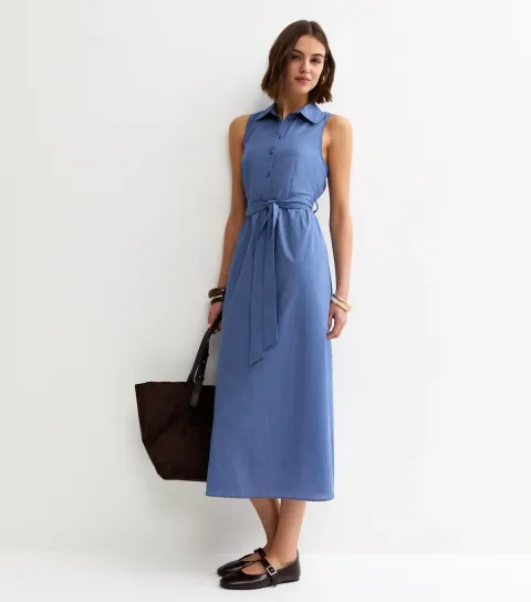 Blue Chambray Sleeveless Midi Shirt Dress
