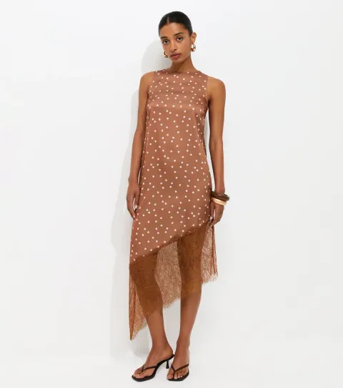 Brown Satin Spot Print Asymmetric Lace Hem Midi Dress