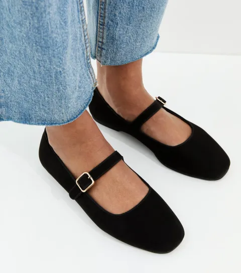 Black Faux Suede Mary Jane Ballet Flats Vegan