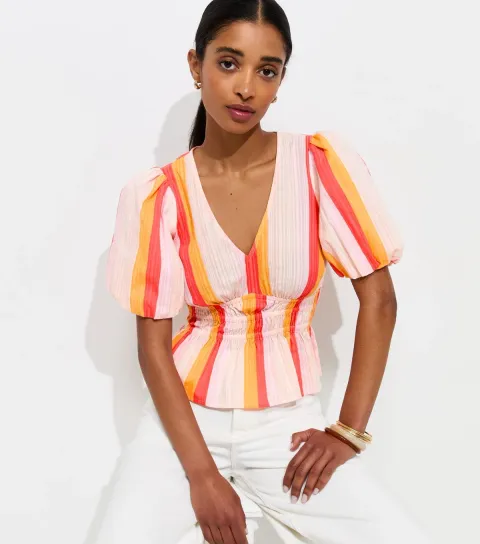 Multicolour Cotton Candy Stripe Shirred Waist Tea Blouse
