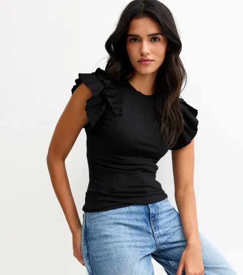 Black Ribbed Flutter Sleeve T-Shirt