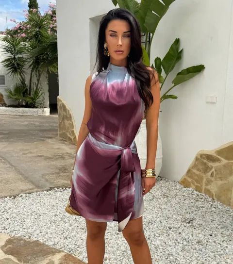 Purple Smudge Print Tie Waist Mini Dress