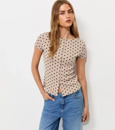 Cream Ribbed Cotton Rich Polka Dot Button Through T-Shirt