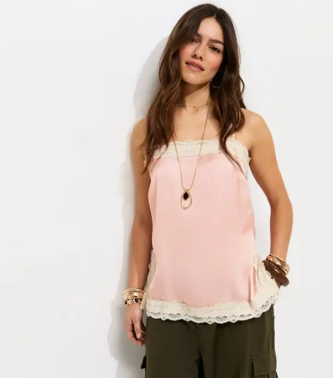 Petite Pink Satin Lace Trim Cami Top