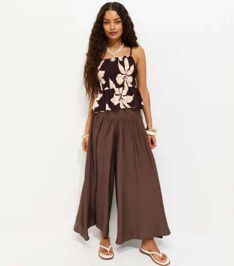 Petite Dark Brown Palazzo Wide Leg Trousers