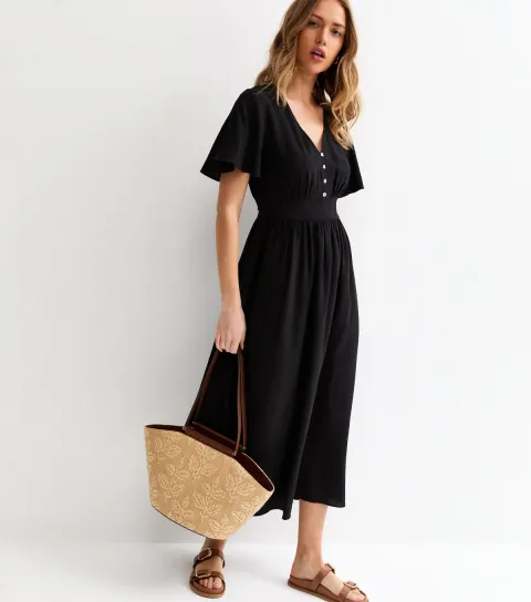 Black Frill Sleeve V Neck Midi Dress
