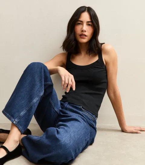 Black Ribbed Scoop Neck Cami Top