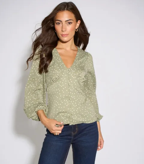 Light Green Polka Dot V-Neck Button Blouse