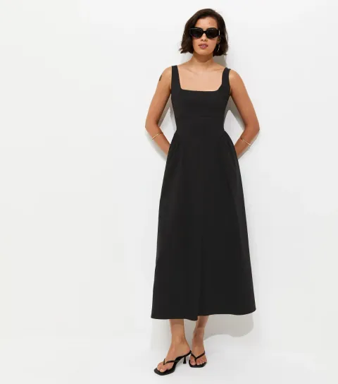 Black Square Neck Gathered Hips Midi Dress