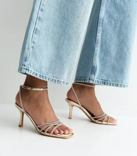 Gold Faux Leather Diamante Strap Stiletto Sandals Vegan