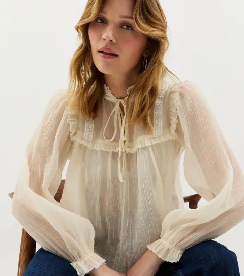 Off White Sheer Lace Bib Crinkle Texture Blouse