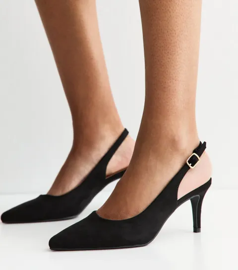 Black Faux Suede Slingback Stiletto Court Shoes Vegan